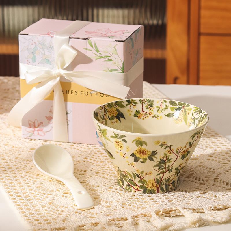 Retro Crape Myrtle Flower Ceramic Tableware Set High Value Dish Set Household Vegetable Plate Soup Plate Rice Bowl Soup Gift