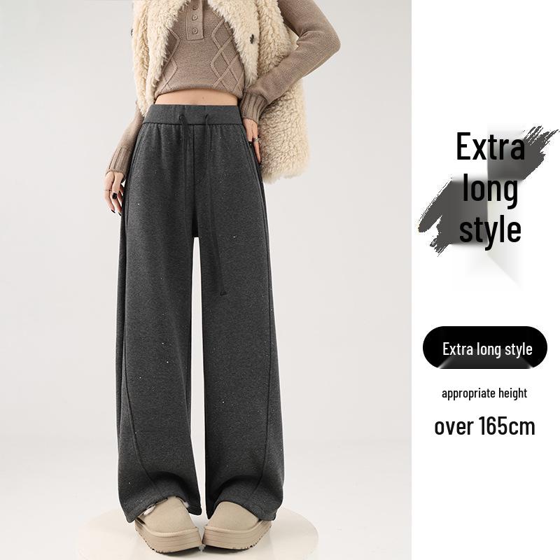 Fine Glitter High-Waisted Wide-Leg Pants with Drawstring - Women s Autumn/Winter Thick Plus Velvet Lazy Style Long Pants S