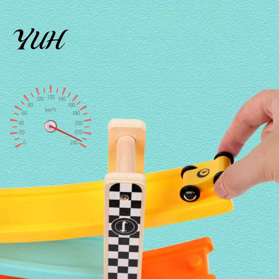 STEM Activity for Kids Wooden Ramp Racer Car Toy, 4 Numbered Mini Cars And Parking Lot Interactive Parent Child Play Design, Development Hand-eye