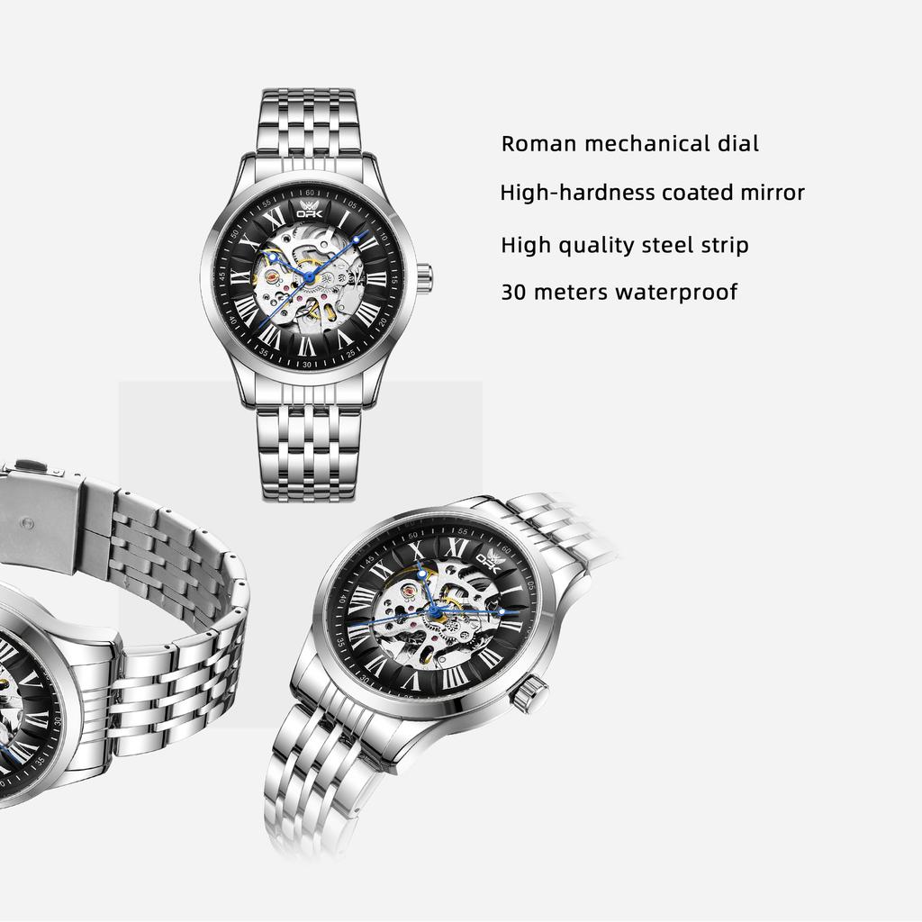 Mens Automatic Mechanical Watch Skeleton Hollow Roman Numeral Dial Waterproof Stainless Steel Business Dress Wrist Watch for Men