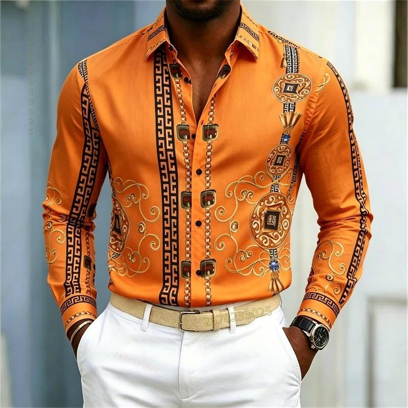 New Men's Shirt Palace Style Shirt Black Gold Pattern Printed Slimming Long Sleeve Shirt Trendy Fashion Casual Men's Wear