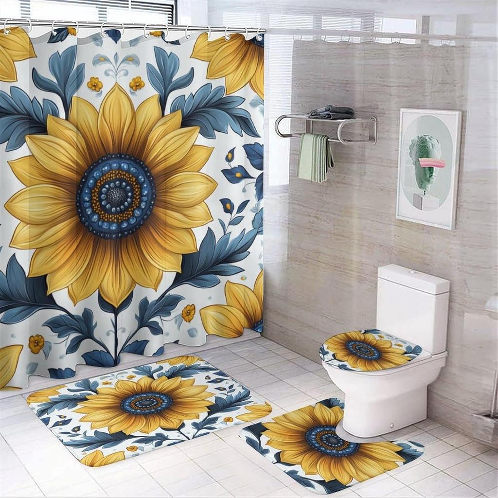 Bathroom Curtain And Rug Set, Sunflower Pattern Printed On Shower Curtain And Bath Mat Set, Designed For Farmhouse Contemporary