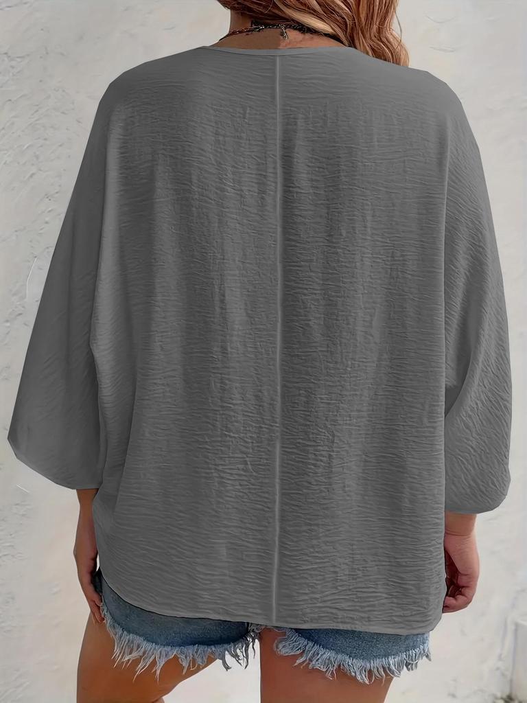 Spring/Autumn 2025 Women's V-neck Ice Silk Wrinkled Cardigan, Solid Color, Three-Quarter Sleeve, Loose Fit