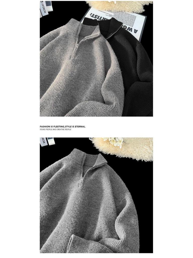 Zipper Korean Style Men's High Neck Pullover Sweater - Autumn/Winter Trendy Knitwear with Soft Texture.