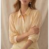 Striped Puffed Three Quarter Sleeve Lapel Commuter Shirt For Women