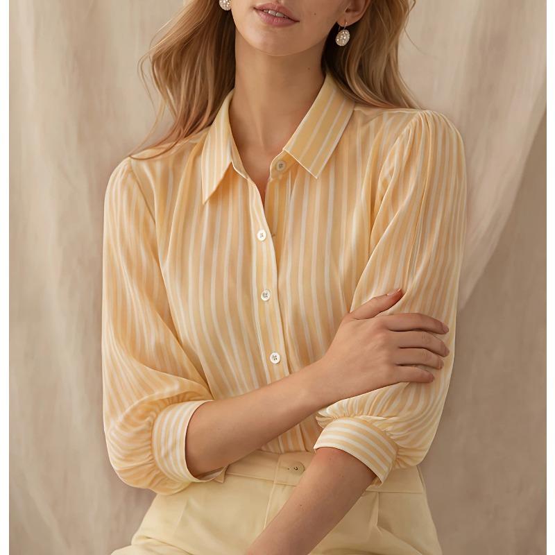 Striped Puffed Three Quarter Sleeve Lapel Commuter Shirt For Women