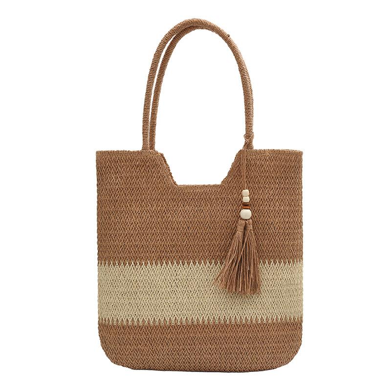 Mori Large-capacity Contrasting Color Splicing Woven Tote Bag Women's Niche Leisure Versatile Summer Vacation Shoulder Beach Bag