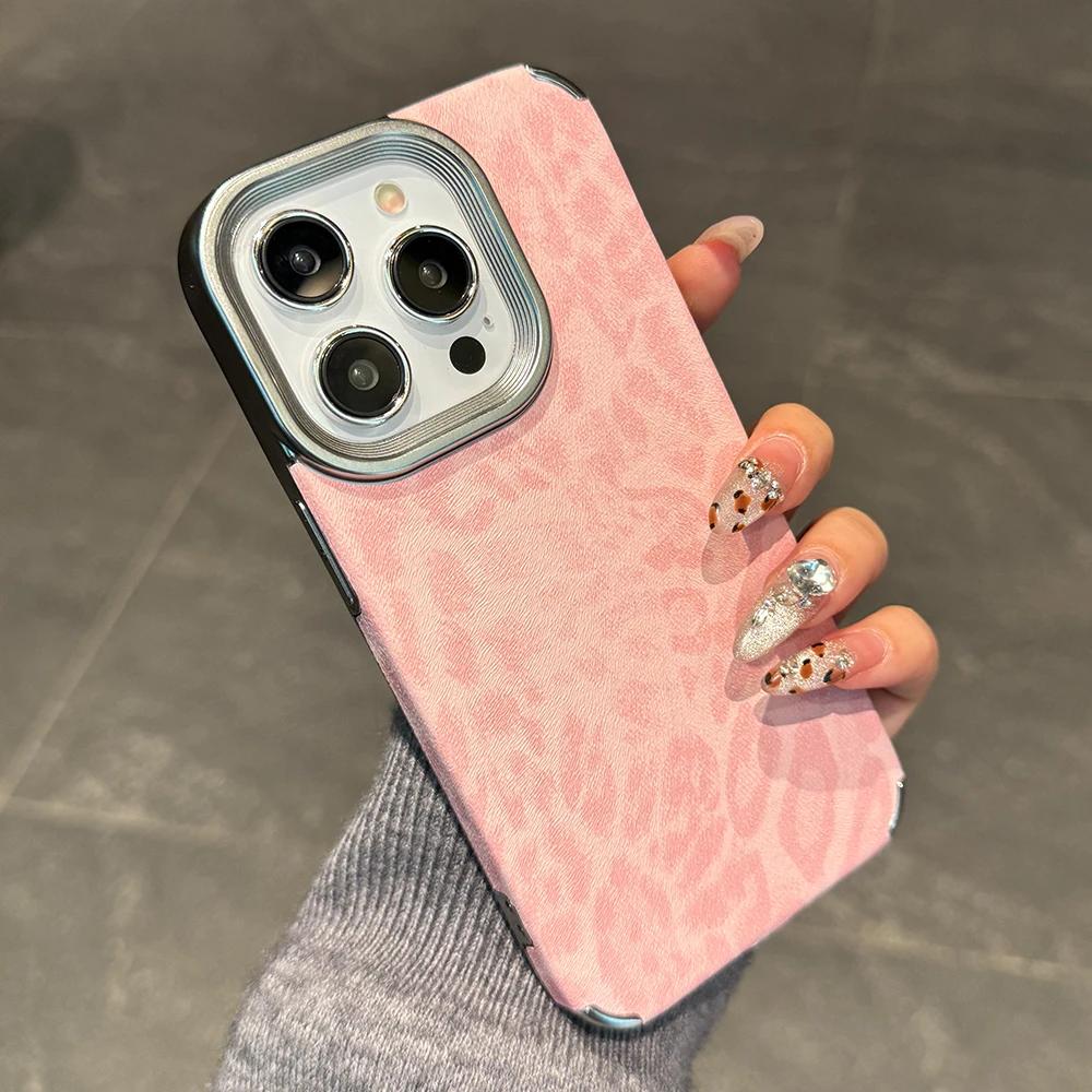 

Titanium gray leopard print pattern leather phone case for iPhone 16 15 14 13 12 11 Pro Max full shockproof hard bumper cover For iPhone 12 Pro