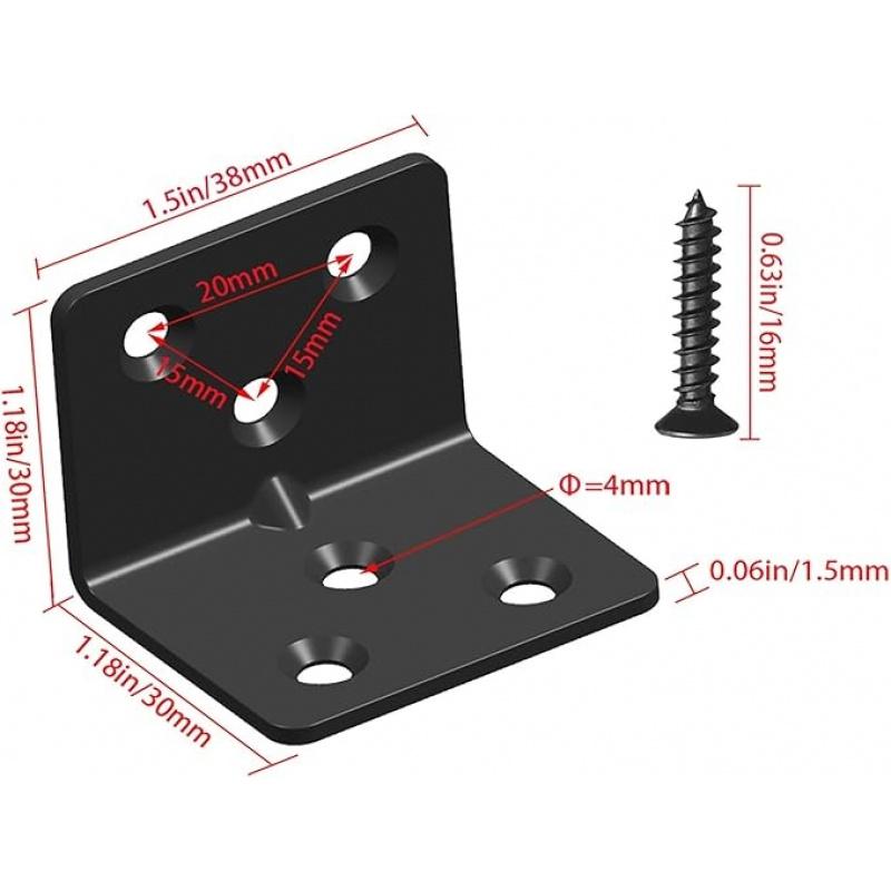 16-Pack Black Stainless Steel Corner Brace 1.5" L Shaped Heavy Duty Right Angle Bracket For Wood Shelves With Screws