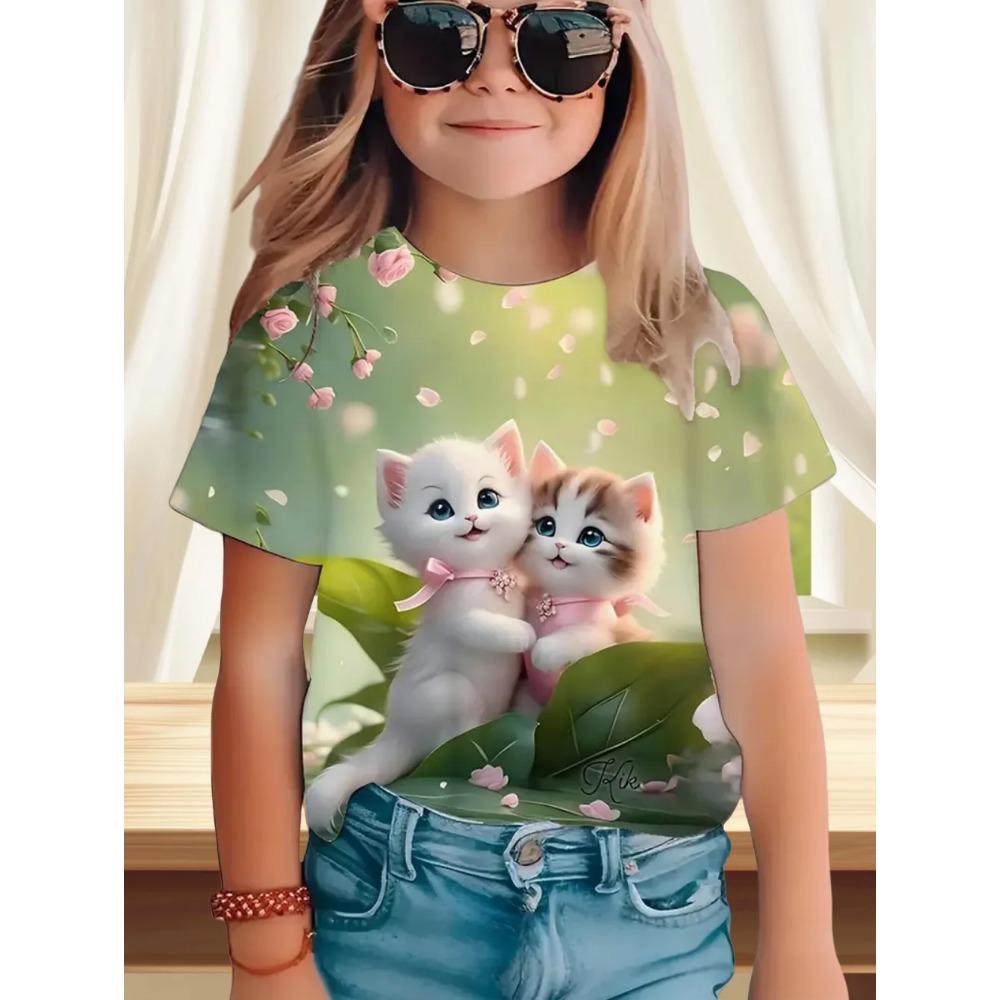 Funny Cat Pattern Children's 3D Digital Printing Fashion Casual Girl Round Neck Short Sleeved T-shirt
