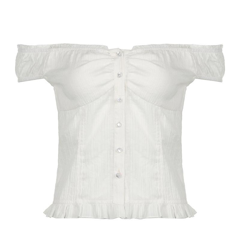 One-word Collar Solid Color Casual Top Short Slim-fitting and Thin Lace Splicing Breasted Short-sleeved T-shirt