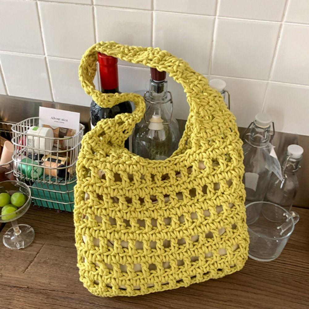 Braided Crochet Tote Bag Solid Color Beach Bag Fashion Hollow Out Knitted Weave Bag  Daily
