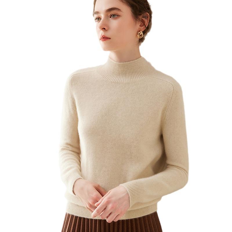 Women's Half High Neck Cashmere Sweater - Autumn/Winter Thick Solid Color Loose Fit with Saddle Shoulder Design.