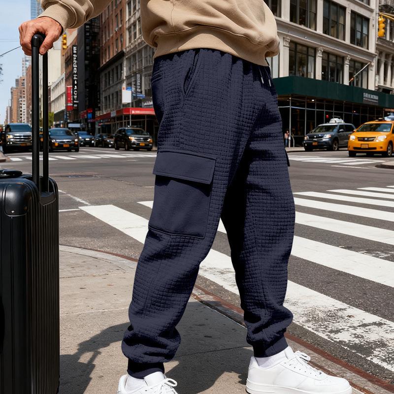 Spring and autumn jacquard checkered jogger pants, casual long pants for men, versatile and stylish multi-pocket trousers