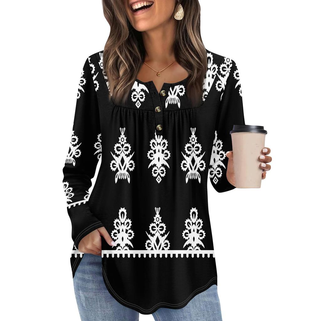 Women's Long Sleeve Tunic Loose Tops Casual Oversized Tops Pleated Tunic Button Down Casual Women's Print Tops