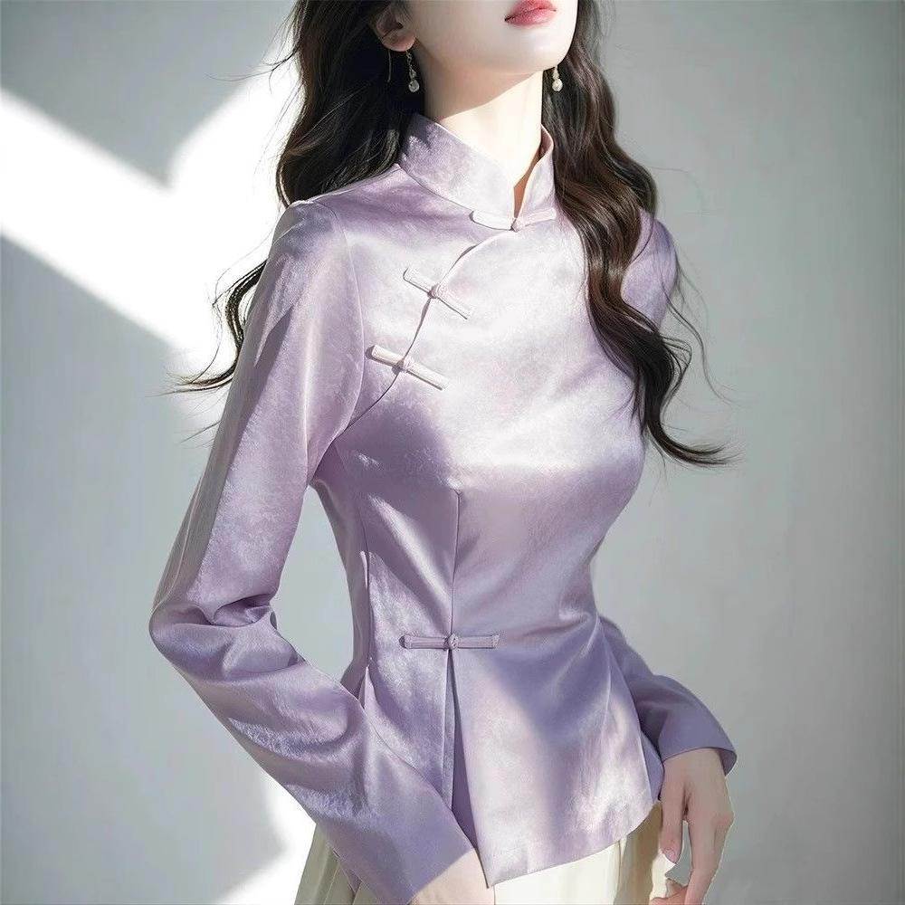 2025 Early Spring Purple Satin Women’s Cheongsam Top with Frog Buttons: Modern Chinese High-End Style