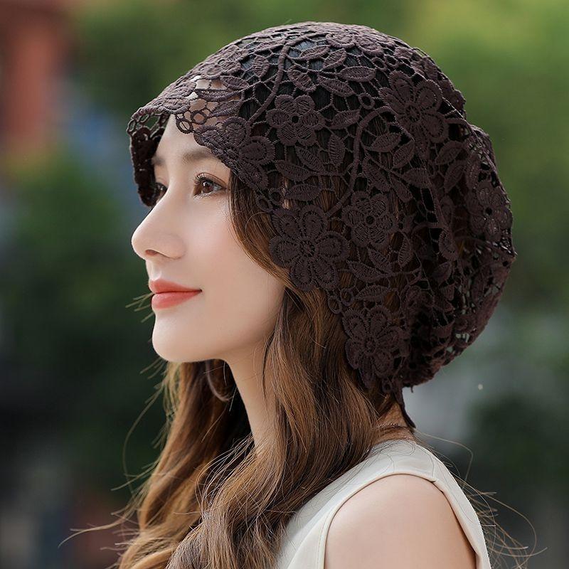 Women's Spring Summer Thin White Hair Cover Hollow Breathable Slouchy Lace Turban Flower Hat