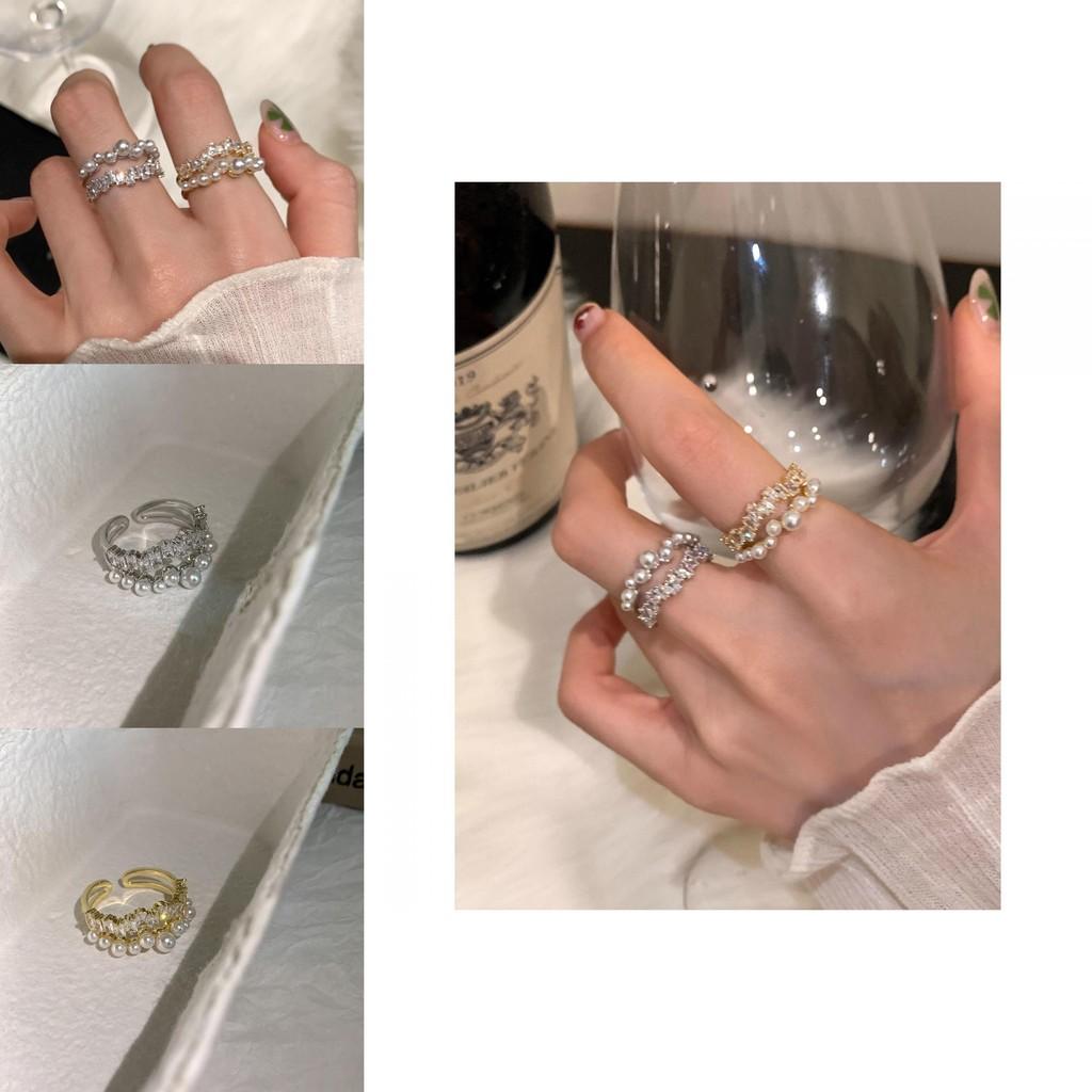 Elegant Vintage Style Double Layer Open Ring With Zircon And Pearl For Women