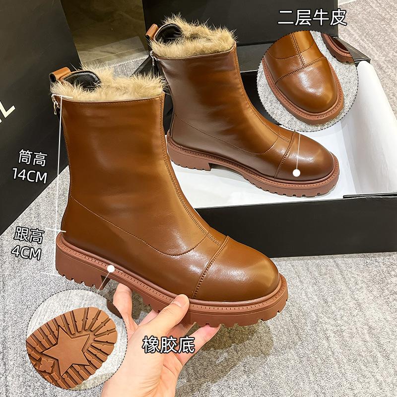 Rabbit Fur Martin Boots Women's 2025 Autumn and Winter New Thick Velvet Warm Cotton Boots Rear Zipper Thick-soled Short Boots Fashion Boots
