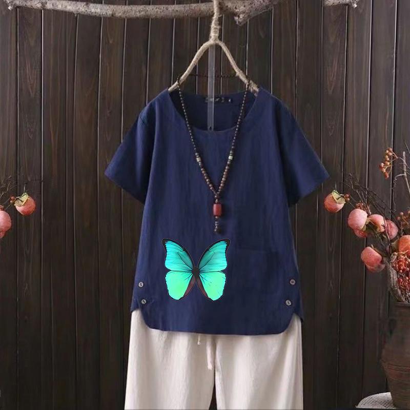 

Женская футболка из хлопка и конопли с V-образным вырезом и принтом бабочки - Летний повседневный стиль 2025 4XL темно-синий
