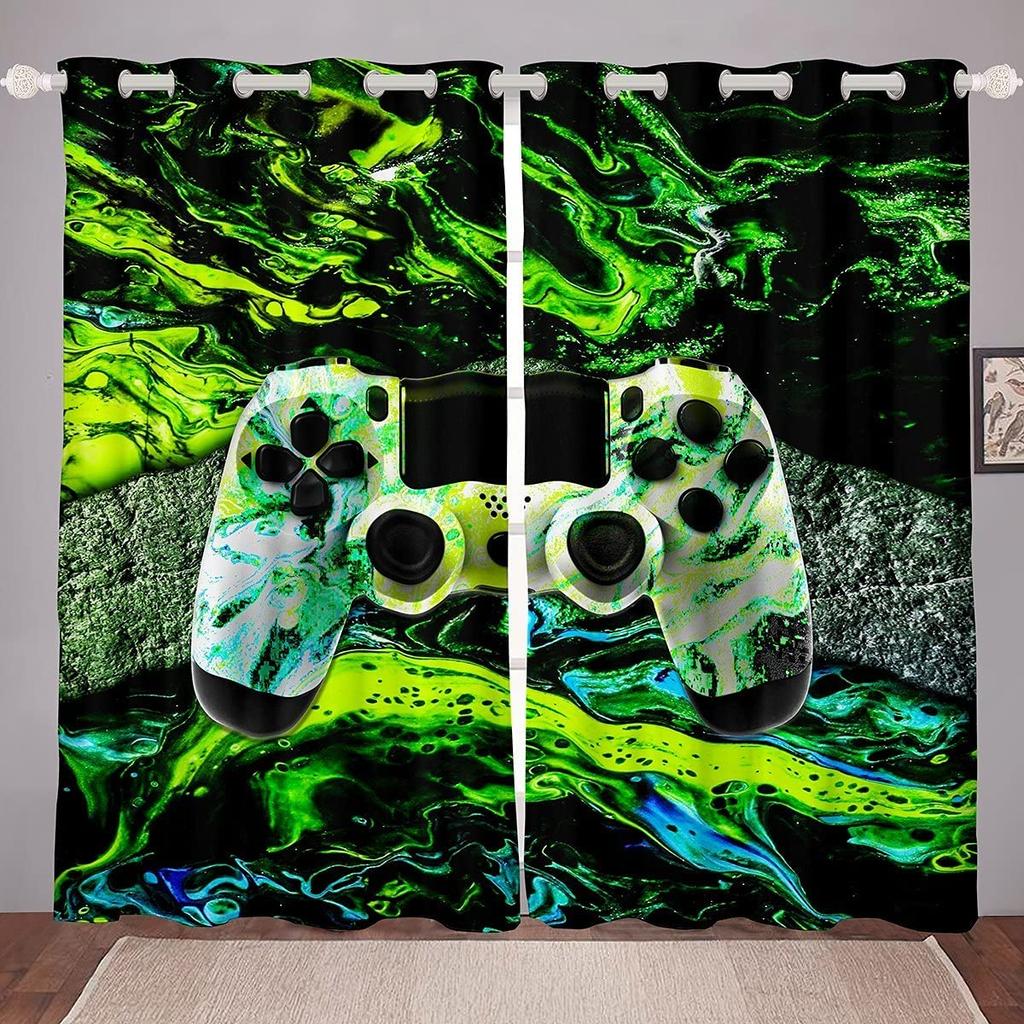 Gaming Thermal Insulated Window Drapes Teal Marble Gamepad Room Darkening Curtain for Kids Boys Girls Gamer Curtains for Bedroom