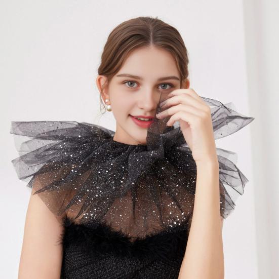 Victorian Retro Mesh Neck Ruff Collar Glitter Layered Ruffle Fake