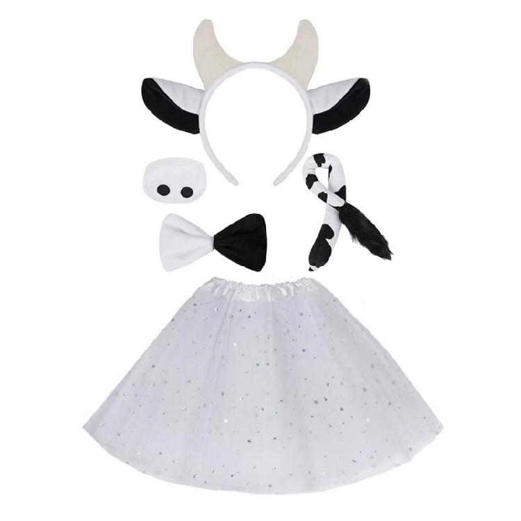 Cow Animal Costume Include Headband Tail Bowtie Nose Skirt Halloween Animal Role Play Outfit Accessory for Kid Adult