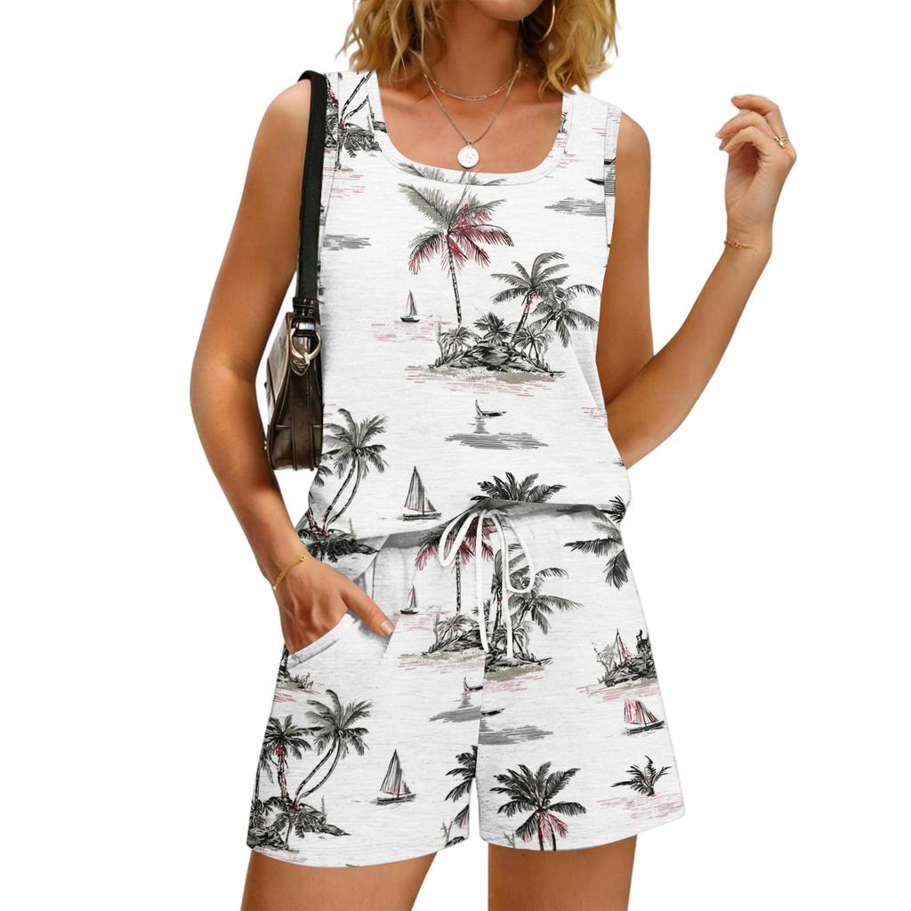 Women's Summer Casual Floral Print Tank Top Square Neck Sleeveless Sportswear Set with Pockets Shorts Two Piece Outfit