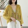 Women's 2024 Spring/Autumn Cotton Linen Retro Embroidered Blouse - Sunscreen Shawl Dress Shirt with Lace-Up Detailing.