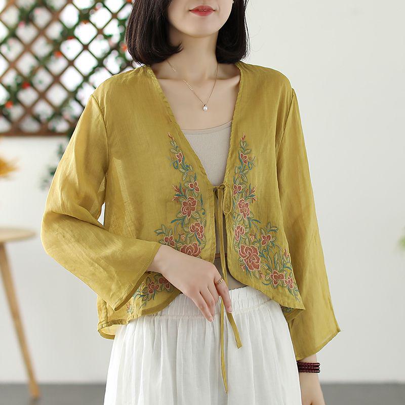 Women's 2024 Spring/Autumn Cotton Linen Retro Embroidered Blouse - Sunscreen Shawl Dress Shirt with Lace-Up Detailing.