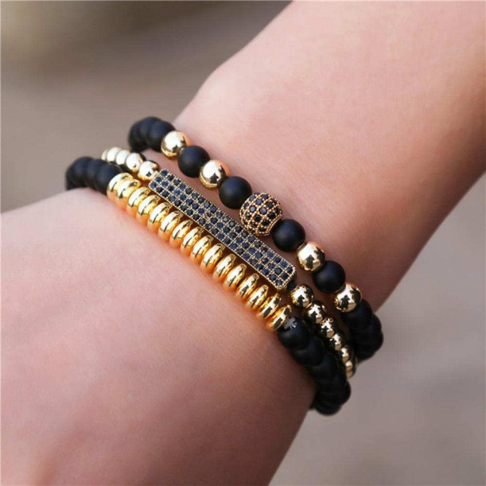 Black Matte Copper Inlaid Zirconium Diamond Ball Flying Saucer Long Bracelet Bracelet Set Wholesale Men's Woven Bracelet