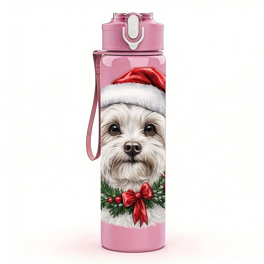 1PC Santa Hat Puppy Christmas Dog Print 750ml Color Plastic Sports Water Bottle Leakproof Flip Straw Lid Suitable for Sports Office Home Use