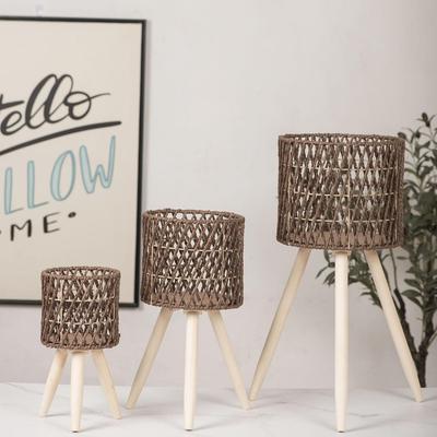 Nordisk Rattan-stil Trä Blomkruksställ för Inomhusväxter och Färska Blommor