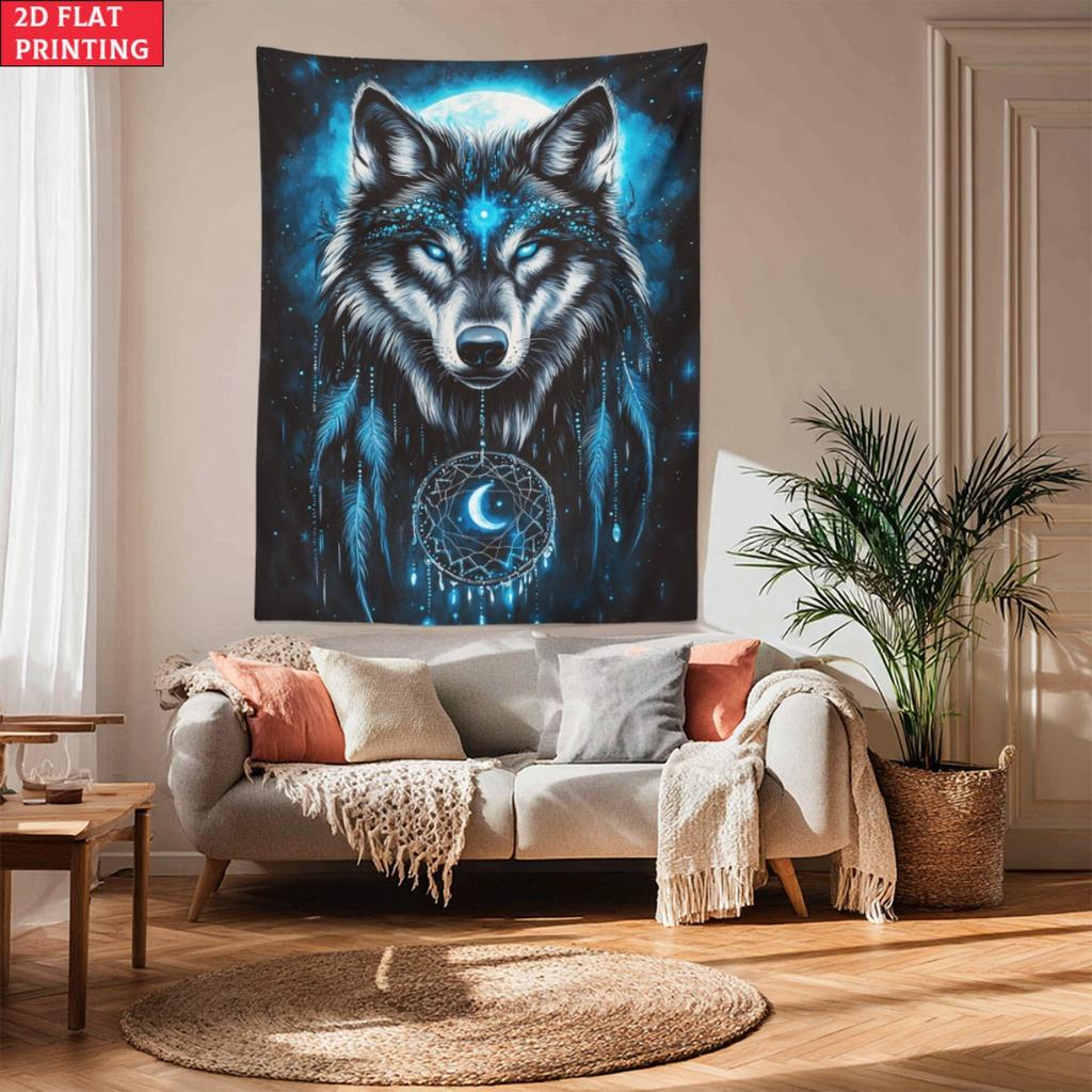 Blue Wolf Dreamcatcher Moon Night Sky Wall Tapestry Boho Chic Home Decor 2D Flat Printing