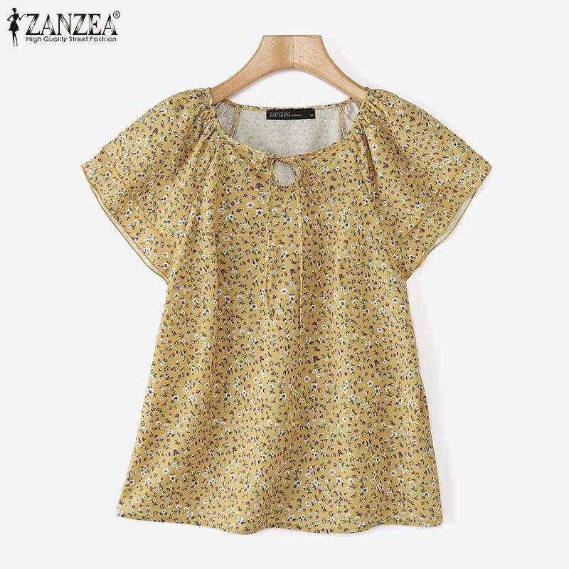 ZANZEA Women Summer Round Neck Ruffled Short Sleeve Floral Print Blouses