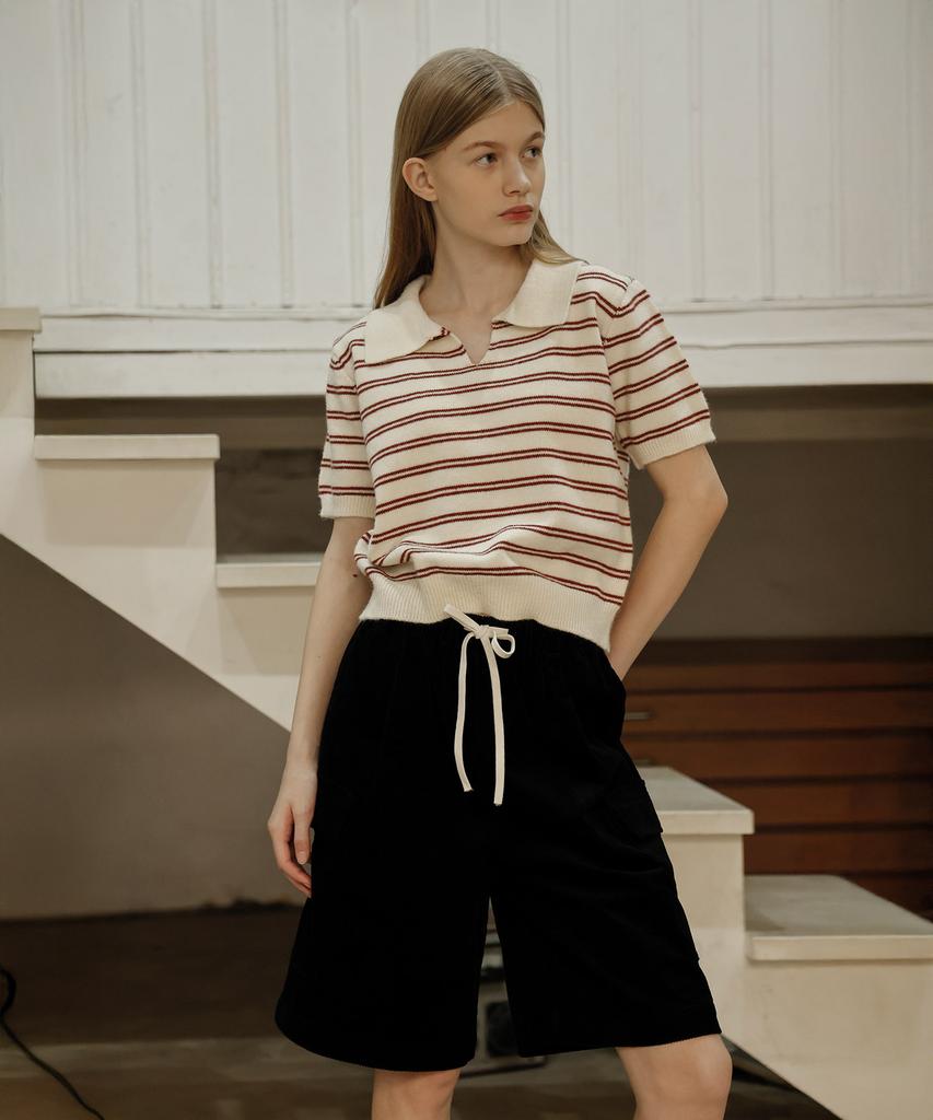 Waiowai Striped Collared Short Sleeve Knit_Ivory
