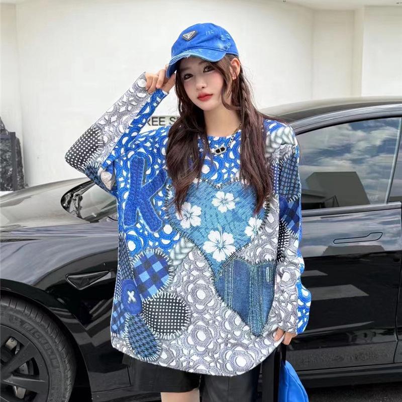 Women's Cartoon Rhinestone Long Sleeve Sweater - Chic Korean Style Loose Knit Round Neck Top for Autumn/Winter