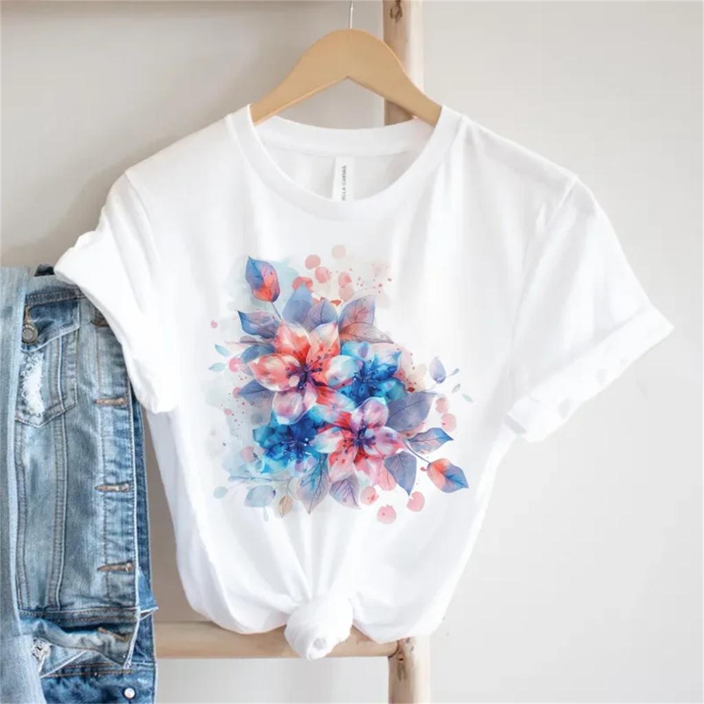 2025 Summer 90s T-Shirt Watercolor Fashion Style Printed Round Neck Short Sleeved Casual Women's Versatile Popular T-Shirt