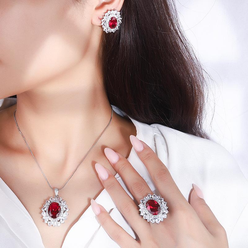 Jewelry Retro Style Simulation Red Corundum Jewelry Set Pendant Ring 12 * 16 Stud Earrings 8 * 12
