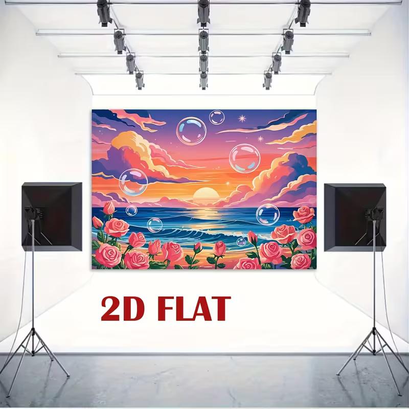 2D Colorful Beach Sunset Backdrop, Ocean Waves, Roses & Bubbles Background