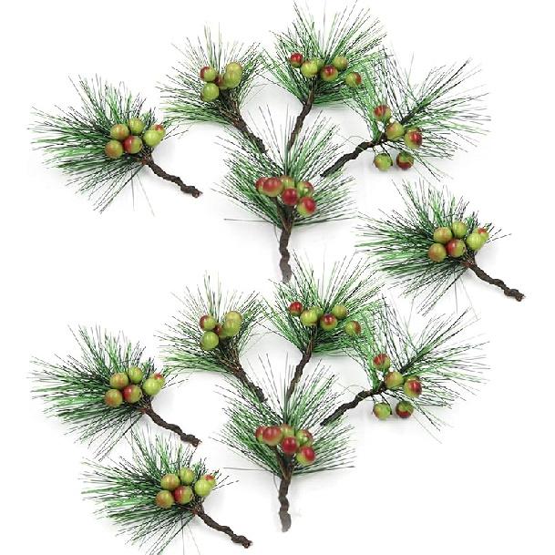 

24 шт. Искусственные рождественские мини-пики сосны, Имитация рождественских пиков для венка с искусственными красными ягодами, Искусственная ветка остролиста для рождественского цветка зелёный