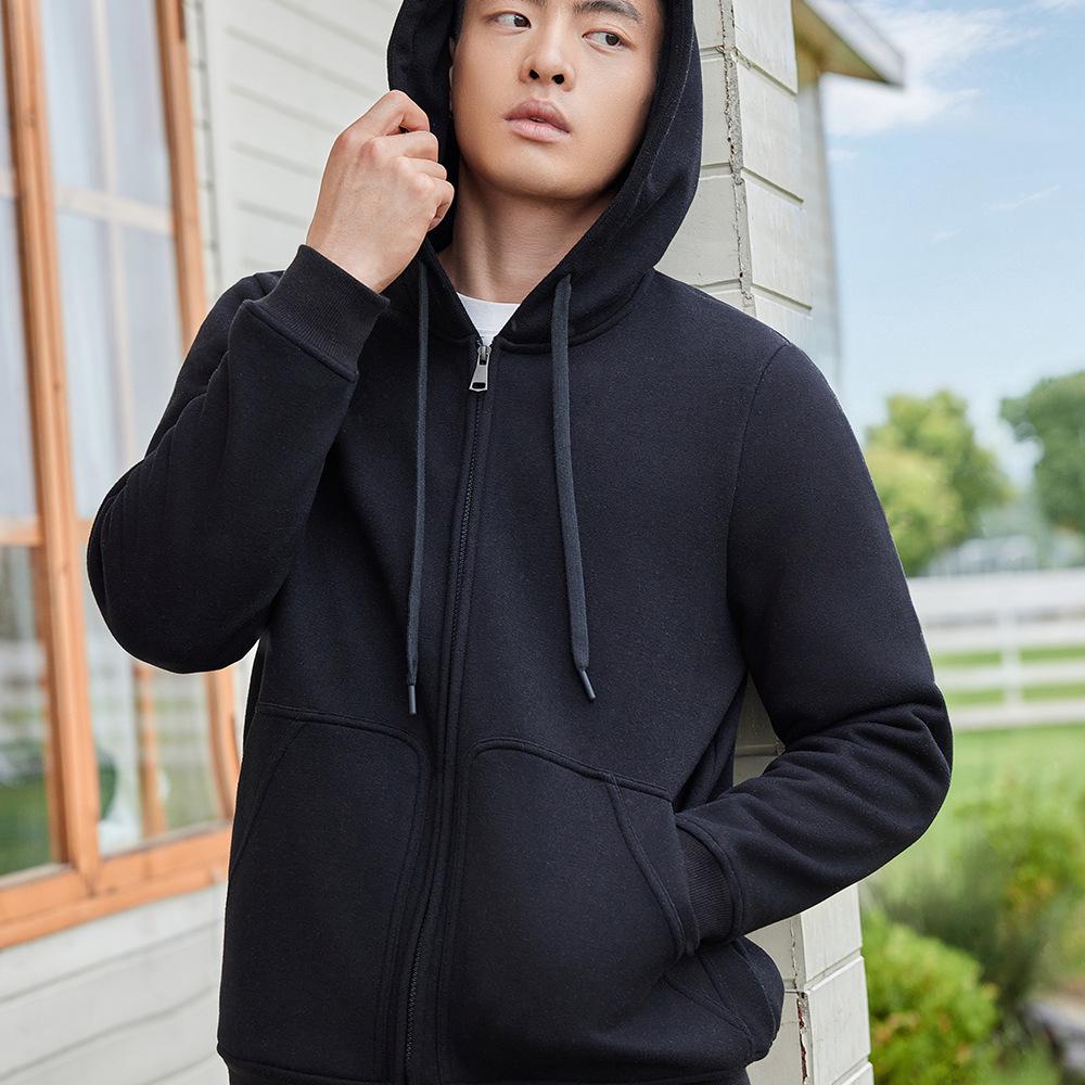 Men's Casual Solid Color Fleece Lined Hooded Sweatshirt - Warm, Versatile Loose Fit with Drawstring and Zipper.