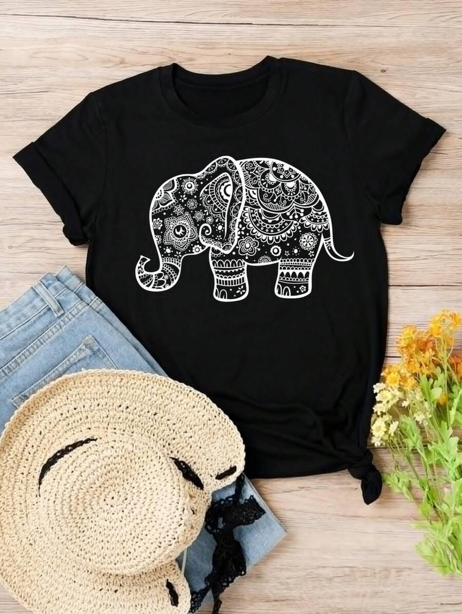 

Plus Size Ethnic Elephant Graphic Tee Black Short Sleeve with Unisexdala style Print S