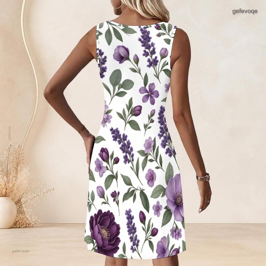 Women Plus Size White Floral Printed Sleeveless A Line Dress Round Neck Keyhole Ring Detail