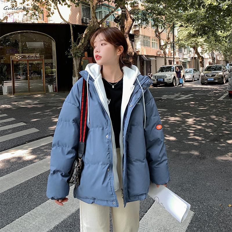 Winter Jacket Women Overcoat Thick Down Cotton Padded Short Parkas Fake Two-piece Oversize Casual Hooded Bubble Coat Female