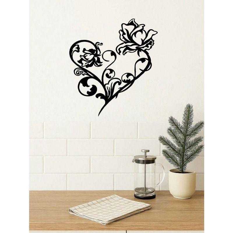 Metal Wall Art Black Wrought Iron Abstract Heart with Roses Home Decor