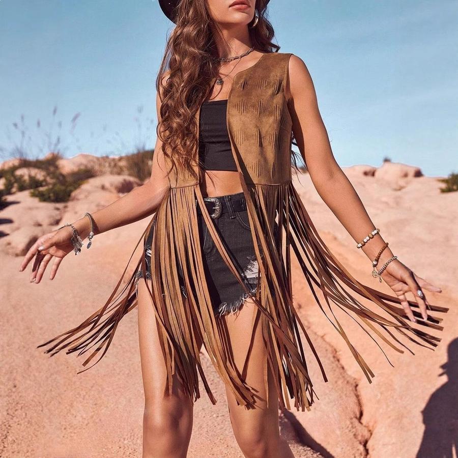 Mode Ny Dam Volangig Rygglös Ärmlös Hippie Fuskmocka Franskastad Jacka Cardigan