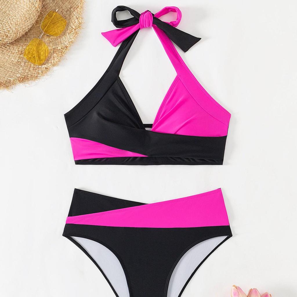2025 Women's European/American Colorblock Halter High-Waist Bikini Set