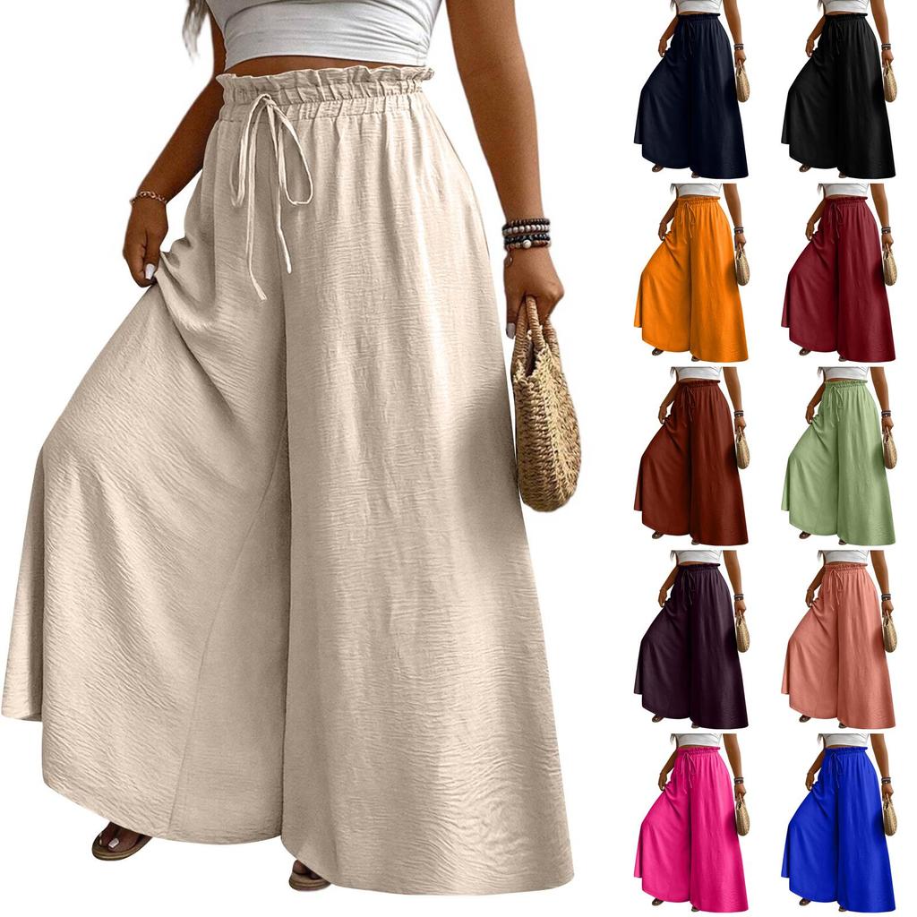 Women High Waist Wide Leg Palazzo Pants Drawstring Elastic Waist Loose Fit Flowy Long Trousers with Pockets for Casual Daily Wear