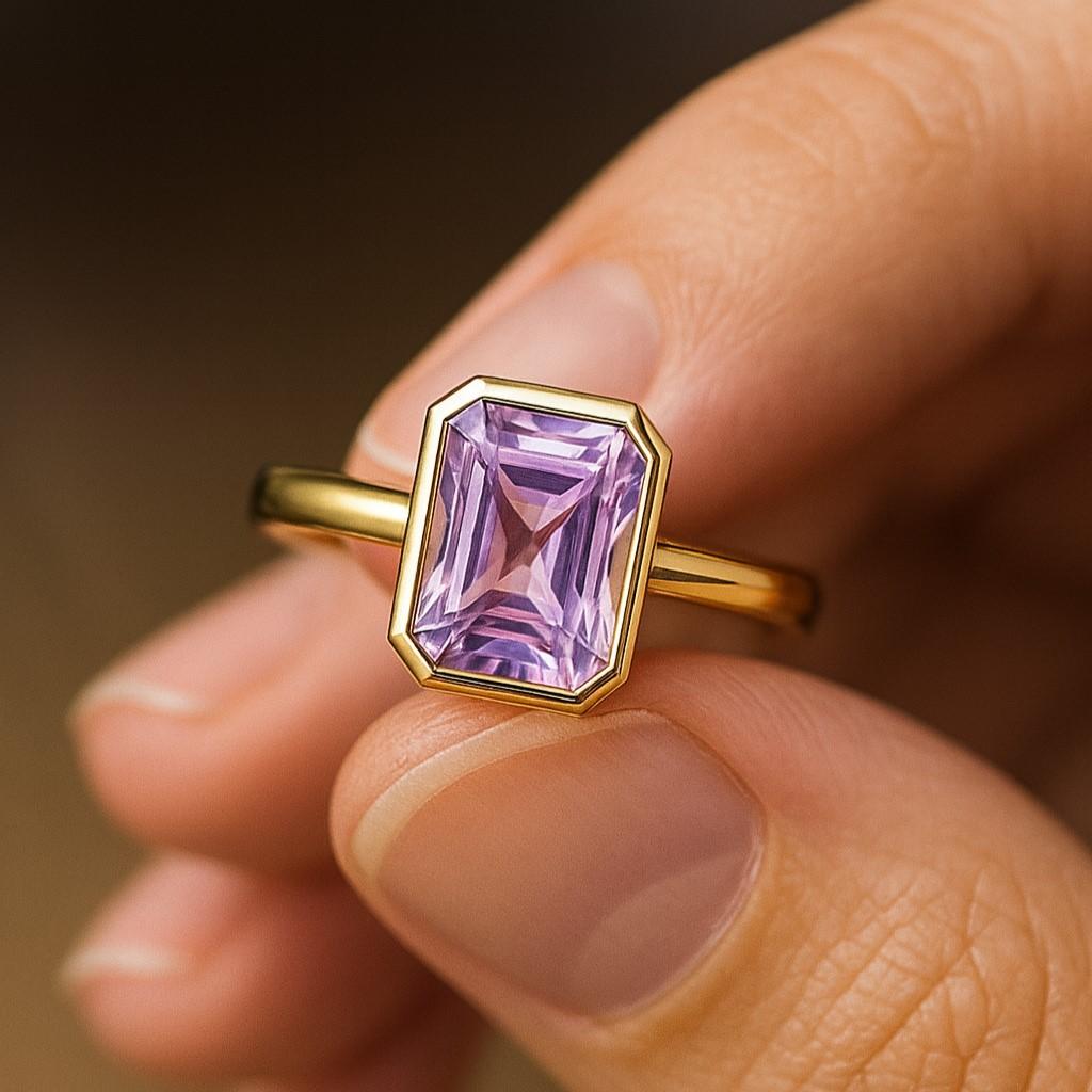 Smaragdgeschliffener Amethyst Solitärring – Gelbgold plattierte Lünettenfassung, Verlobungs-Hochzeits Schmuckgeschenk für Damen